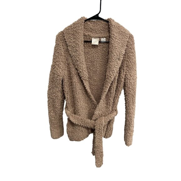 Cozy Teddy Bear Fleece Belted Wrap Cardigan Jacket Beige Size Medium Metallic - Picture 1 of 9